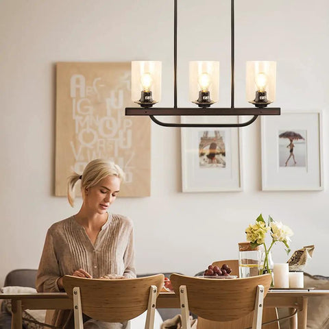 Three Light Rustic Pendant Light Fixture With Glass Shade, Flush Mount Farmhouse Chandelier In Black For Kitchen Island And Dining Room, Adjustable Ceiling Light With E26 Base For Home And Restaurant
