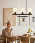 4 Light Adjustable Kitchen Island Pendant Light Fixture In Rustic Metal Wood With Glass Shade in dining setting