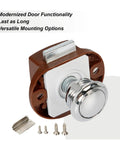 4 Pack RV Push Locks Security Latches for cabinet doors and drawers with thumb rotation twist control showing mounting options.