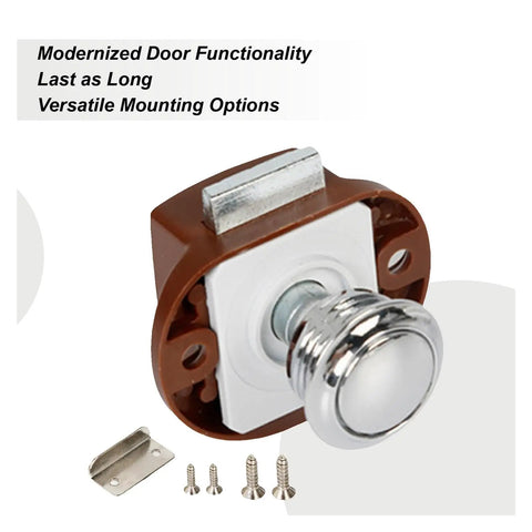 4 Pack RV Push Locks Security Latches for cabinet doors and drawers with thumb rotation twist control showing mounting options.