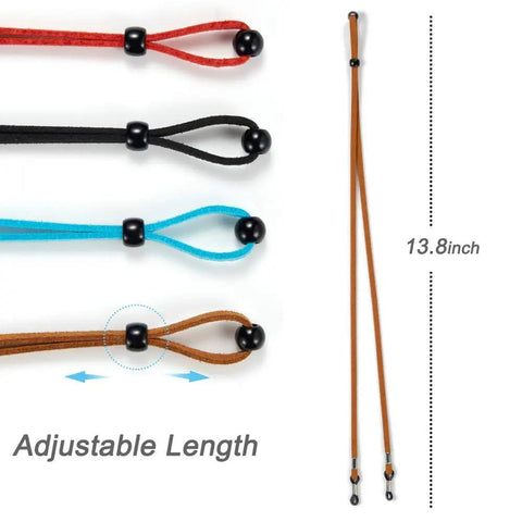 4 Pack Adjustable Eyeglass Straps Leather Glasses Chain Lanyard Set For Men Women And Kids showing red, black, blue, brown colors.
