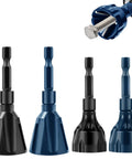 Front view: four Hakkin external deburring chamfer tools with tungsten carbide blades and hex shanks in blue and black.