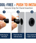 Six Size Silicone Grommet Kit With 100 Pcs T Type Grommets For Automotive Firewall Wiring And Cable And Pipe Holes Waterproof And Heat Resistant Hole Plugs For Electrical Irrigation Plumbing And More Storage Case Included push-to-install black silicone grommet in hand