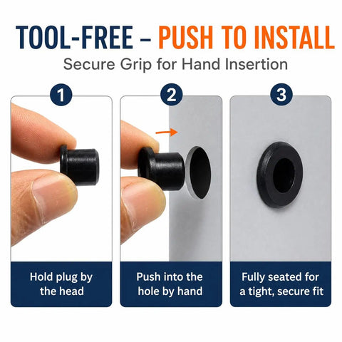 Six Size Silicone Grommet Kit With 100 Pcs T Type Grommets For Automotive Firewall Wiring And Cable And Pipe Holes Waterproof And Heat Resistant Hole Plugs For Electrical Irrigation Plumbing And More Storage Case Included push-to-install black silicone grommet in hand