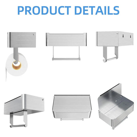 Brushed Nickel Toilet Paper Holder With Shelf And Wipes Dispenser, stainless steel wall mount organizer, different angles
