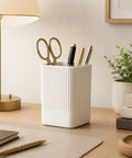 White Ribbed Pen Holder For Desk Square Pencil Cup Desk Organizer With Modern Fluted Look on wooden desk