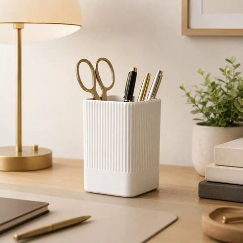 White Ribbed Pen Holder For Desk Square Pencil Cup Desk Organizer With Modern Fluted Look on wooden desk