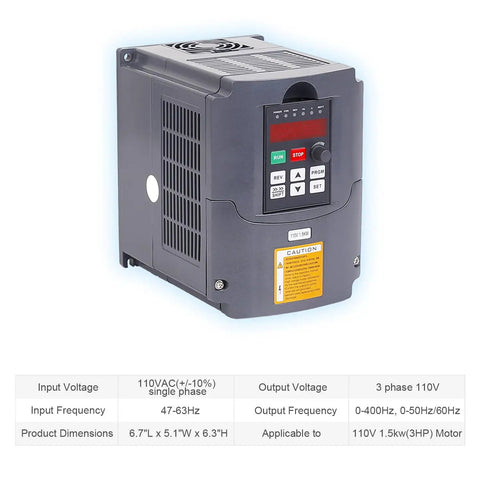 CNC Spindle Motor Kit 110V 1.5KW ER16 High Speed Spindle 0 To 24000 RPM With VFD Ready Drive showing control panel and dimensions.