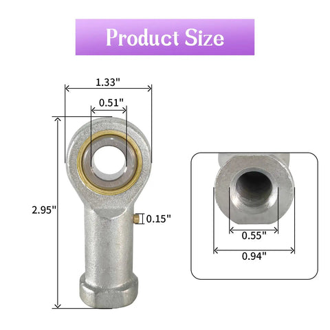 Female Rod End Bearing One Half Inch Bore And One Half By Twenty Right Hand Thread Self Lubricating Beefy Rod End Bearings Two Pack For Smooth Flexible Motion In Mechanical Linkages, size diagram
