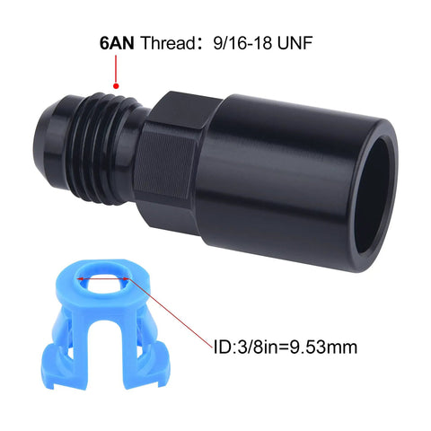 6AN Male to Three Eighths Inch SAE Quick Disconnect EFI Fuel Rail Fitting, Female Push On, Aluminum 6061-T6, Sealed at 37 Degree