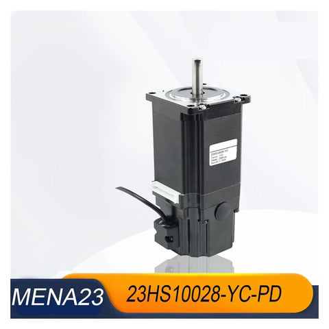 Front view of NEMA 23 2-phase stepper motor 23HS10028-YC-PD with black housing and top shaft