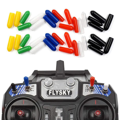 Colorful Rubber Anti Slip RC Transmitter Switch Caps Kit For Grab And Go Radios Like X9D Plus Q X7 X Lite shown on Flysky radio