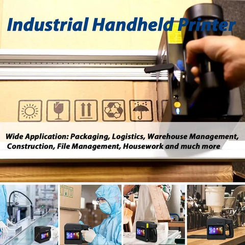Heavy Duty Handheld Industrial Inkjet Printer To Handle Hella Wide Format Coding On Just About Any Surface With A Killer Four Inch Print Height For Dead Simple Batch Codes Barcodes And Serious Variable Data Magic, being used on cardboard.