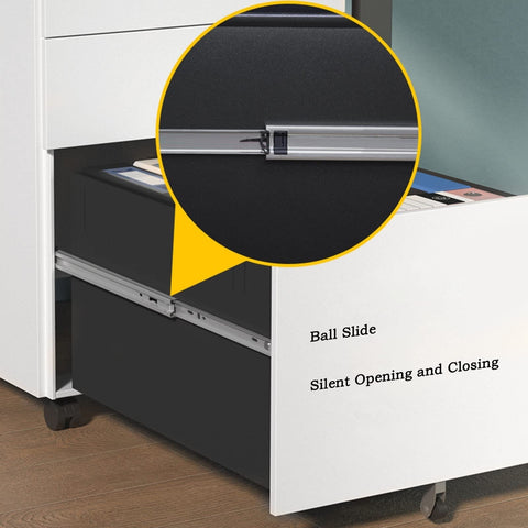 Metal Vertical File Cabinet With Anti Tip Design Lockable Three Drawer Rolling Filing Cabinet showing open drawer and ball slide mechanism