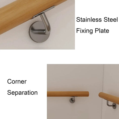 Solid Wood Handrail 13 Foot Non Slip Wall Mounted Grab Bar For Stairs And Decks Built Freaking Sturdy For Serious Grip And An Absolute Zero Hassle Installation Always On Point, showing wall mount and fixing plate detail.