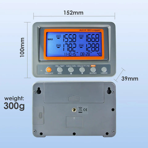 Front and back view of 4 Channel Thermocouple Thermometer And Temperature Data Logger With K Type Probes, large LCD display.