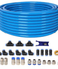 Badass 60 Foot PU Air Hose Line Kit With Push To Connect Fittings Dope Flexibility For Garage Shops And Tight Spaces Killer For Air Tools Pneumatic Nail Guns Real Deal Toughness In Cool Blue Color Gets The Grind Done. coiled blue 60 ft polyurethane air hose with push-to-connect fittings