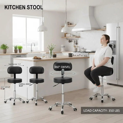Rolling Stool With Back Rest, Swivel Adjustable Heavy Duty Chair, PU Leather Seat in Kitchen, 360° Swivel Display, 350 lb Capacity