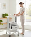 Straight Up Perfect Beauty Salon Cart Featuring Smooth Rolling Trolley Pull Out Drawer And Roomy Top Tray For Cosmetics in use.