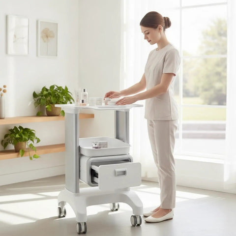 Straight Up Perfect Beauty Salon Cart Featuring Smooth Rolling Trolley Pull Out Drawer And Roomy Top Tray For Cosmetics in use.