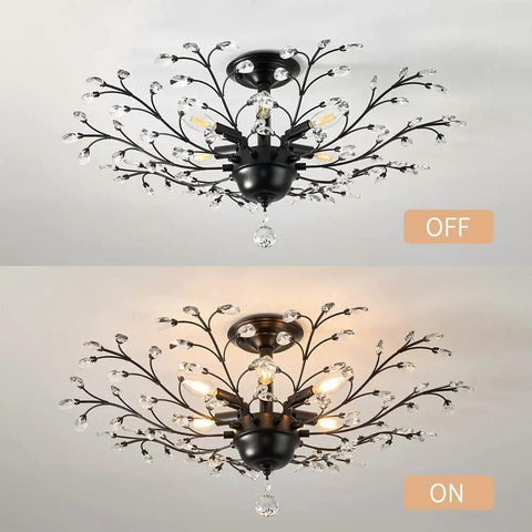 Vintage Six Light Branch Flush Mount Ceiling Light In Black With Crystal Bling Accents For Living Room Bedroom Dining Room