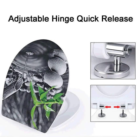Heavy Duty Elongated Toilet Seat Featuring Smooth Slow Close Cushioning And Rust Resistant Stainless Steel Chrome Hinges for adjustable hinge release.