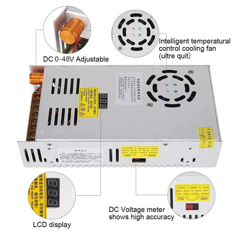 Top view of adjustable DC power converter from AC 110V-220V to DC 0-48V at 10A, 480W, showing LCD display and cooling fan.