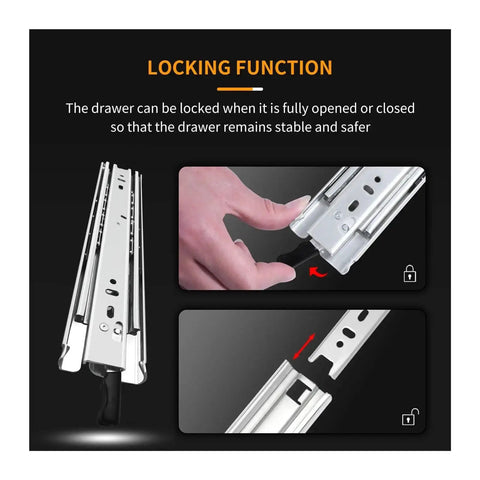 Heavy Duty Drawer Runners With Lock, Full Extension Ball Bearing Slides, 68Kg Capacity, close-up of locking mechanism