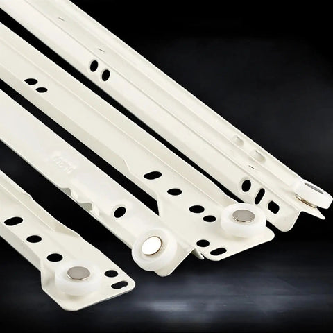 Close-up of thickened 20 inch drawer slides for cabinets and desks, heavy duty metal rails with smooth rollers and pulleys, 2 pack