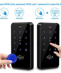 Two black RFID keypads with touchscreen, part of Outdoor RFID Access Control Kit With Keypad And NC Fail Safe Electric Strike Lock IP68.