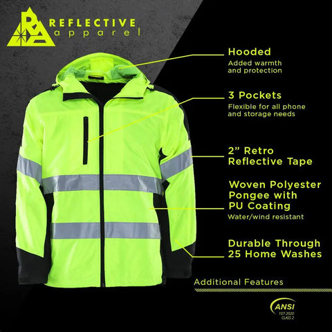 Hi Vis Hooded Windbreaker Safety Jacket With 2 Inch Reflective Tape ANSI Class 2 Compliant Water Resistant Shell Lime High Visibility