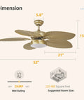 Dimensions of Tropical Ceiling Fan With Light And Remote 52 Inch Palm Leaf Blades Indoor Outdoor Gold Finish.