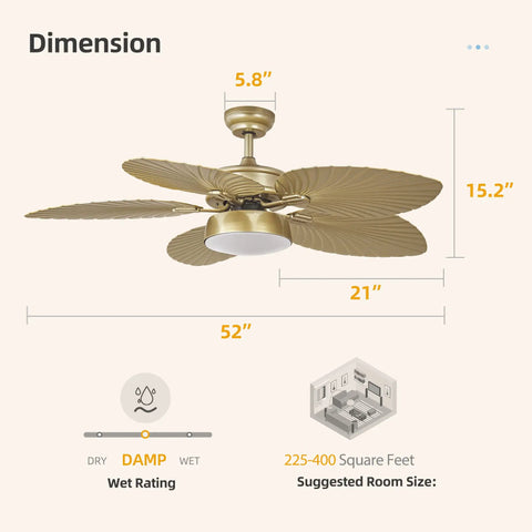 Dimensions of Tropical Ceiling Fan With Light And Remote 52 Inch Palm Leaf Blades Indoor Outdoor Gold Finish.