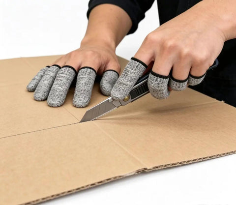 Cut Resistant Finger Cots 12 Pack Protective Finger Sleeves Reusable Finger Guards cutting cardboard.