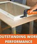 Pro-Level Finger Sanding Sheets 60 Grit Abrasive Paper 20 Pack displayed with an oscillating tool on a wooden table.