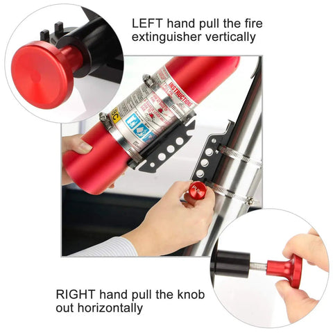 Rugged Aluminum Fire Extinguisher Mount Bracket With Four Clamps For Jeep Wrangler TJ JK JL JKU And UTV Polaris RZR Ranger Quick Release Design One Hand Quick Release Knob in use, showing the one-hand quick release action.