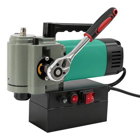Heavy Duty 1450W Magnetic Drill Press With 1.4 Inch Max Drilling Diameter And 650RPM Speed, side view with handle and controls.
