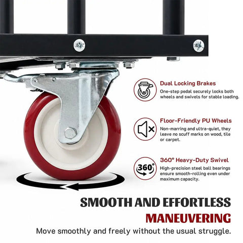 Detail of the 360 degree swivel polyurethane wheels on the Professional Grade Heavy Duty Dolly Cart serving as a rugged 1000 pound material hauler.
