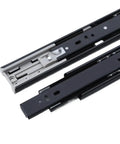 Close-up of beefed up 18 inch full extension drawer slides black ball bearing telescoping side mount with detachable quick release latches