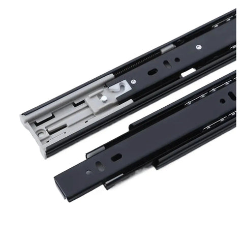 Close-up of beefed up 18 inch full extension drawer slides black ball bearing telescoping side mount with detachable quick release latches