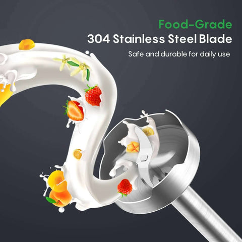 Pro Level 500W Immersion Hand Blender Kicked Up With 12 Variable Speed Settings Plus Turbo Boost Option and Reliable 4in 1 Kitchen Wand showing food-grade 304 stainless steel blade.