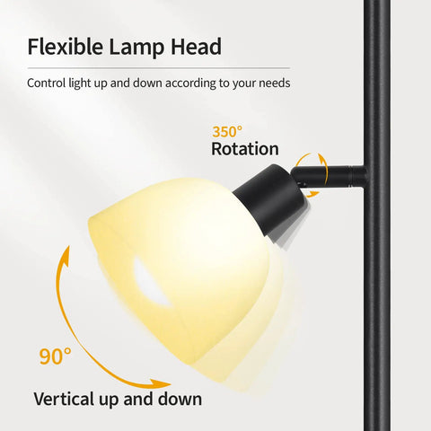 Close-up of Three Head Floor Lamp With Rotating Heads, 3 Way Dimmer, metal lamp head showing 350° rotation and 90° tilt.