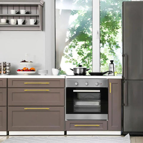 Modern kitchen with Gold Cabinet Handles Set 25 Pack 10 Inch Hole Center Stainless Steel Drawer Pulls For Cabinets Kitchen Hardware.