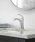 Avalon Two Handle 8 Inch Widespread Bathroom Faucet In Polished Chrome Deck Mount on modern sink with mirror