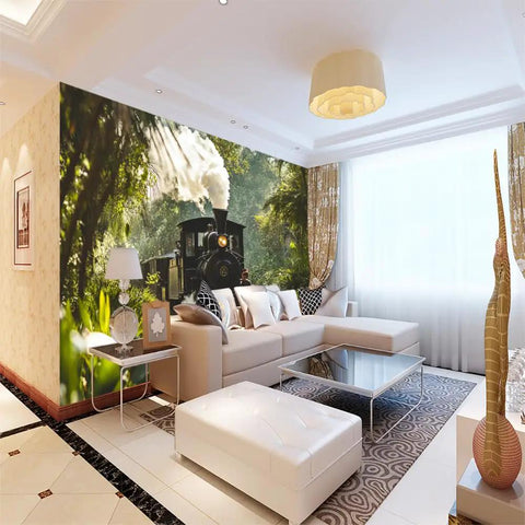 3D Steam Locomotive Wall Mural With Realistic Embossed Texture Removable Self Adhesive Wallpaper For Bedroom Or Living Room Train Scene Wall Decor With Totally Immersive Depth 59 Inches By 39 Inches displayed in a modern living room setting