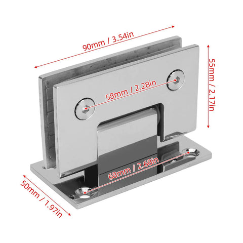 Close-up of 90 Degree Glass Shower Door Hinges For 8 To 12 mm Thick Glass Frameless Bathroom Door Hardware with measurements