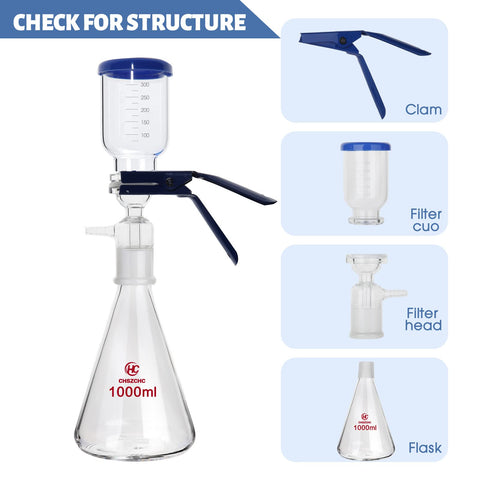 1000ml Glass Vacuum Filtration Rig With 300ml Graduated Funnel And Durable Borosilicate Glass, Aluminum Clamp, And Vacuum Pump, parts labeled