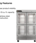 Top Shelf Heavy Duty Commercial Reach In Refrigerator With Split Glass Doors 49 Inch Two Section Design, stainless steel with clear visibility.