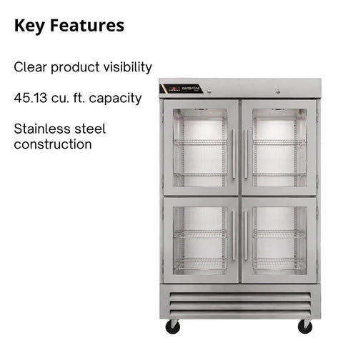 Top Shelf Heavy Duty Commercial Reach In Refrigerator With Split Glass Doors 49 Inch Two Section Design, stainless steel with clear visibility.