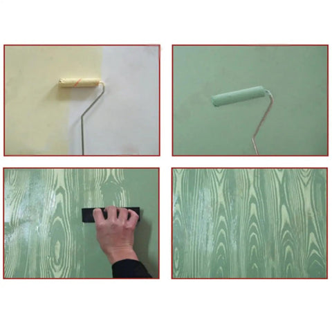 Two Piece Wood Grain Roller Kit For Faux Finish Painting And Home Wall Decor Featuring Hella Durable Rubber Texture Stamp in action.